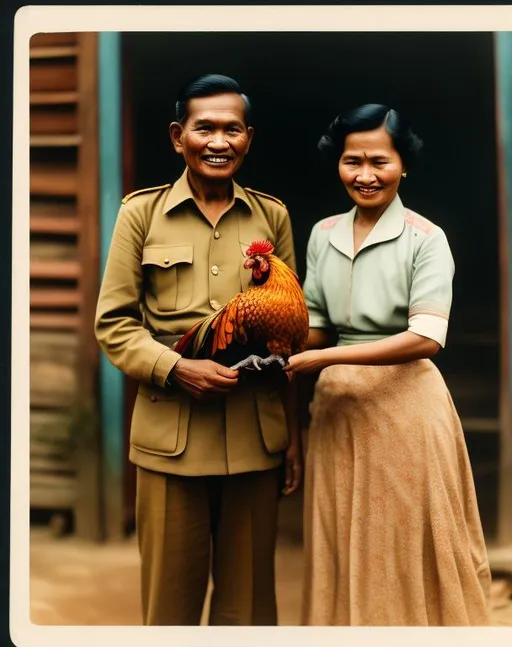 Prompt: A Javanese couple in 1940s holding a rooster.