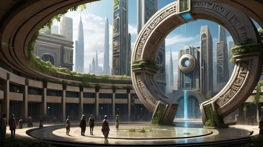 Prompt: magical portal between cities realms worlds kingdoms, circular portal, ring standing on edge, upright ring, freestanding ring, hieroglyphs on ring, complete ring, ancient babylonian architecture, hanging gardens, large wide-open city plaza, turned sideways view, futuristic cyberpunk tech-noir setting