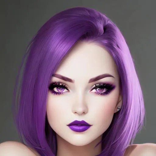 Prompt: Beautiful woman portrait Purple hair, eyes and lips, facial closeup

