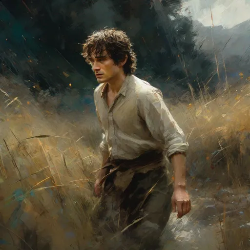 Prompt:  .scene form lord of the rings Frodo Beutlin walks through the field and MIdget  masterpiece, textured Speedpaint with large rough brush strokes and paint splatter by Jeremy Mann, Carne Griffiths, Junji Ito, Robert Oxley, Ismail Inceoglu, masterpiece, trending on artstation, particles, oil on canvas, highly detailed fine art, ink painting, hyperrealism | Pixar gloss | polished, Anato Finnstark | Android Jones | Darek Zabrocki, Boris Vallejo, David