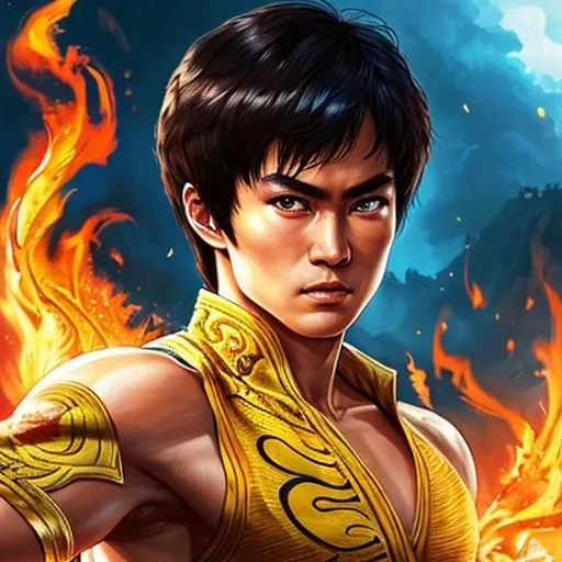 Prompt: Poster art, high-quality high-detail highly-detailed breathtaking hero ((by Aleksi Briclot and Stanley Artgerm Lau)) - ((Bruce Lee)) , Hero pose ,full form, epic, 8k HD, fire, sharp focus, ultra realistic clarity. Detailed face, portrait, realistic, close to perfection 