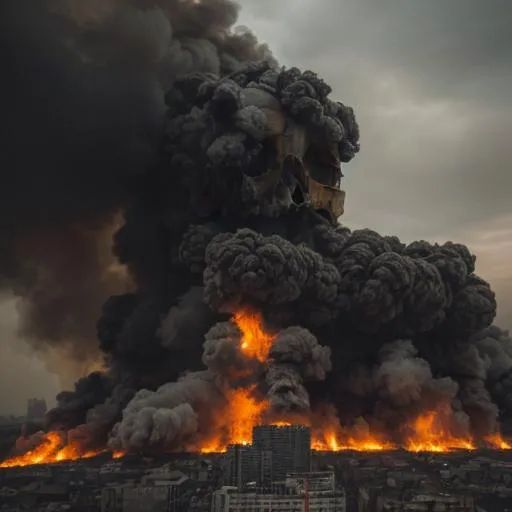 Prompt: City in war-torn destruction and overgrowth dramatic lighting cinematic shots of skulls in smoke and fire in the streets. illusions of the human skull in the smoke and fire
 



