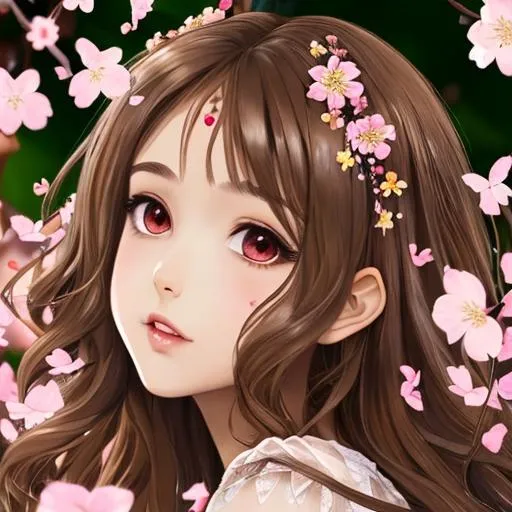 Prompt: light brown hair, brown eyes, heart shaped beauty mark on left cheek, fairy goddess, cherry blossom flowers, butterflies, fairy goddess, closeup