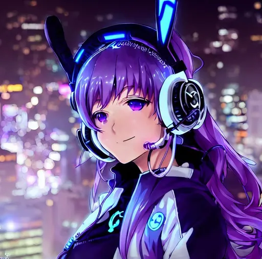 Prompt: Confident, cyberpunk, beautiful , SFW, lights, purple hair, purple eyes, long curly hair, anime, cute, drawing, art, sketch, black gloves, solo girl, upper body, rabbit ear headphones, black bomber jacket, cityscapes background, smile, closed mouth, shiny hair, extremely detailed girl, glowing light, anime, happy