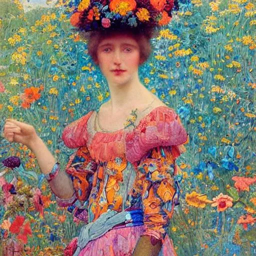 Prompt: A beautiful woman in a colorful dress surrounded by colorful patterns and flowers by edgar maxence and michael whelan