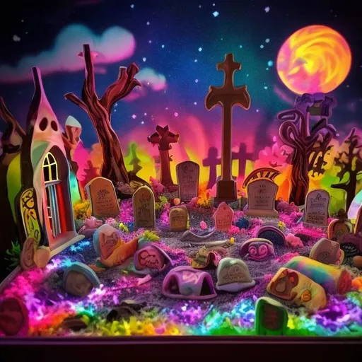 Prompt: Lisa frank style graveyard at night diorama