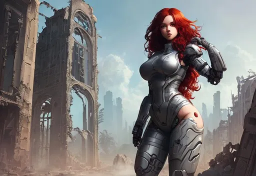 Prompt: female cyborg exploring ruins, post-apocalyptic, Ilya Kuvshinov, red hair, long curly hair, grey eyes, (((nude))), curvy,  hourglass body,  detailed body, round face, detailed face