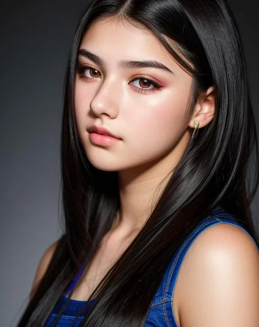 Prompt: photo of a 16-year-old girl very attractive. with black hair and dark eyes. makeup. she wears jaw dropping outfit. high detail, realistic. professional photo. Studio lighting, back lit, realistic lighting. hdr uhd 8k ultra realistic render,  very high detail skin, beautiful face, ++, facing viewer, looking up full body shot