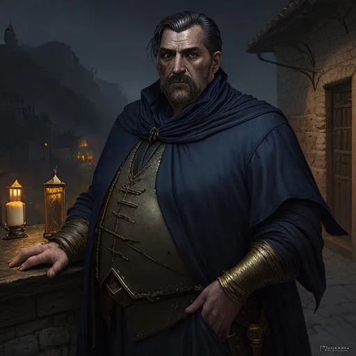 Prompt: highest quality concept art masterpiece, dark fantasy, Ravenloft, digital drawing, photo-realistic, Italian, Roma, short hair,  dull clothes with gold and dark blue, older male merchant, chubby, professional merchant, rich and knows it, dark, night, mists, coastal village, 
