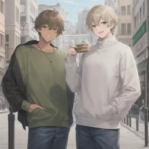 Prompt: 1man, {{{masterpiece, masterful}}}, full body light skin, highres, {light brown hair with dark green highlights},{heterochromia, light green eyes}, , {short hair}, {{{casual clothes, sweater, jeans}}}, smiling laughing, city background, 