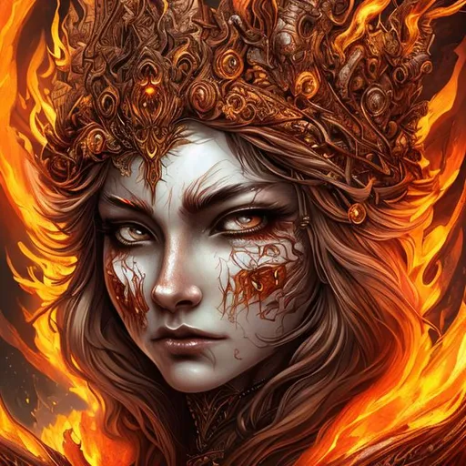 Prompt: Wild fire queen hyper detailed face features fire in eyes flames around her hyper detailed flaming crown