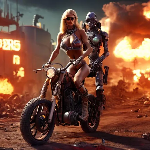 Prompt: Cyborg Paris Hilton riding motorcycle in a post-apocalyptic wasteland racing a locomotive while wearing a bikini, in UHD 100 megapixels