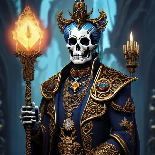 Prompt: Masterwork, oil painting, octane render. skeleton, Undead Lord, Necromancer. propitious. Wearing Mirage Vest, {dapper}, Wearing a Festival Robe {dias de los Muertos, fur coat}, wearing a gold necklace with ruby jewel, holding a staff with a diamond mounted on top, bronze weapons.