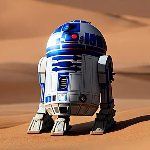 Prompt: Fierce R2-D2 training in treacherous desert terrain, determined, fierce, powerful, intense, focused, realistic, intricate details