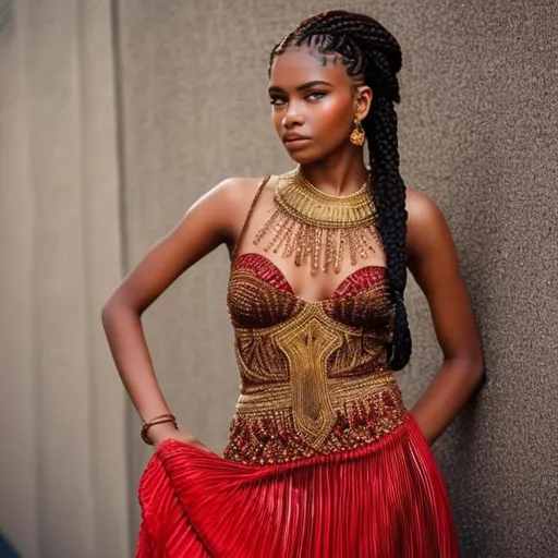 Prompt: Beautiful brown skin woman with braided hair with gold beading wearing a red flared pleated dress and low heels 