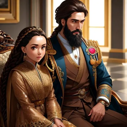 Prompt: Mislim Young boy Othman empair Prince sitting on chair with his wife, braided dark brown hair, Beard,brown eyes, icy clothes, smooth forehead, symmetrical, highly detailed body, perfect composition, hyperrealistic, super detailed, 8k, high quality, Splash art, front, epic Instagram, artstation, hyperdetailed intricately detailed, unreal engine, intricate detail, complementary colors, 8k, heavy strokes, full height, full body,