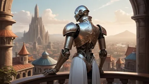 Prompt: a slender warforged automaton stands with back to camera on a large round balcony with a solid railing looking out over a fantasy city paradise during the age of arcanum 