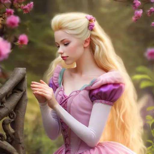 Prompt: professional photo disney sleeping beauty as live action human girl hd hyper realistic beautiful blonde hair light skin beautiful face pink dress
cottage in forest hd background with live action realistic fairies 