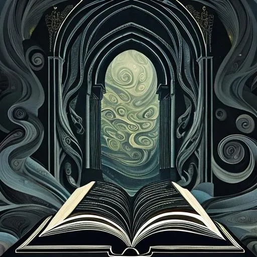 Prompt:  a beautiful, enormous, descriptive book surounded by darkness and swirls of shadow