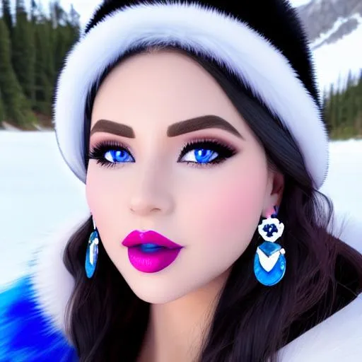 Prompt: Selena Gomez, eating candy ice cream, blue lipstick, snowy beach, blue heart necklaces, Thick blue fur coat, Black Cape, pleasant face, blue eyes, Black-purple eyeshadow, long ice earrings. Cold color scheme, ultradetailed, 8k resolution, perfect, smooth, high quality, shiny. 