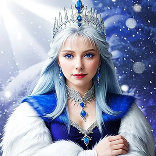 Prompt: Snow queen, wearing sapphire jewelry 