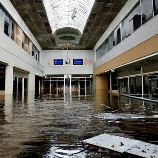 Prompt: Flooded Abandoned Mall, Weeds and Closed Sentences, Immoral Sanctions, Loss of Wealth, Dirty