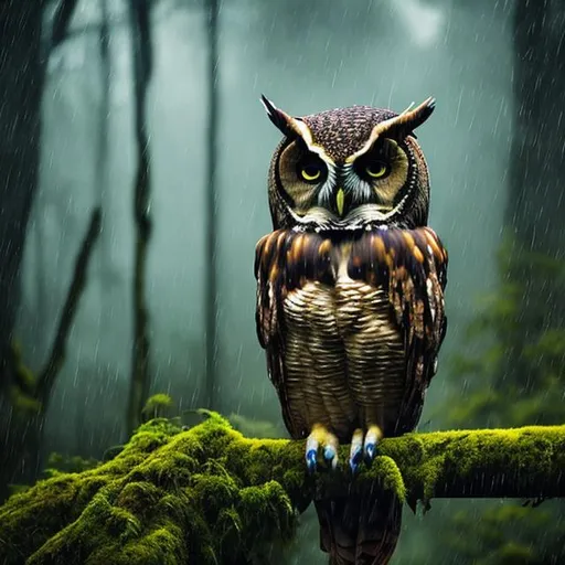 Prompt: beautiful rainy forest and an owl 