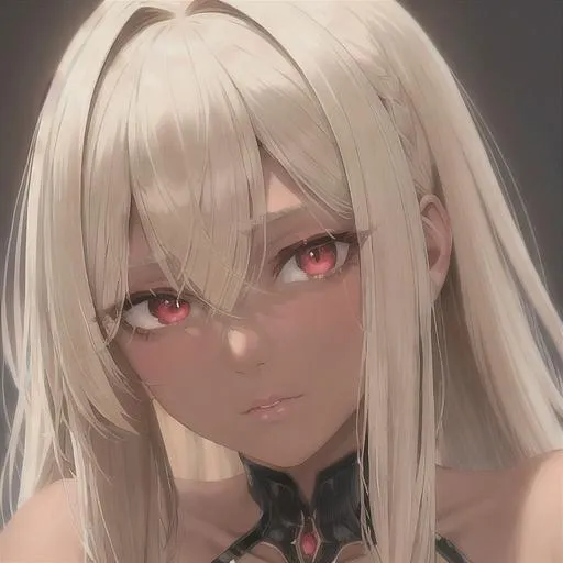 Prompt: "A close-up photo of a gorgeous with brown skin and pixie style pure blonde hair, predator like red eyes, in hyperrealistic detail, with a slight hint of loneliness in her eyes. Her face is the center of attention, with a sense of allure and mystery that draws the viewer in, but her eyes are also slightly downcast, as if a sense of loneliness is lingering in her thoughts. The detailing of her face is stunning, with every pore, freckle, and line rendered in vivid detail, but the image also captures the subtle emotions of loneliness that might lie beneath her surface"