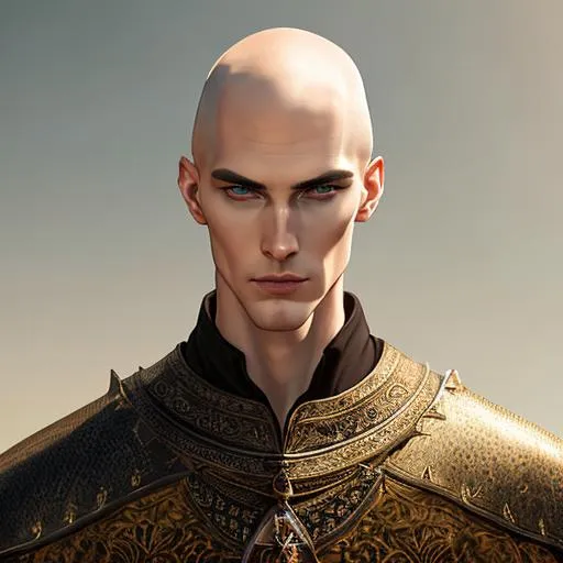 Prompt: fantasy, medieval, Tall man, slender, with pale yellow skin and brown eyes, and a shaved head, With a spear on his back, UHD, 8k, high quality, ultra quality, perfect composition, trending art, trending on artstation, sharp focus, studio photo, intricate details, cinematic lighting, special effects, hyper realism, hyper realistic, oil painting, Very detailed, full body, full view of character, portrait