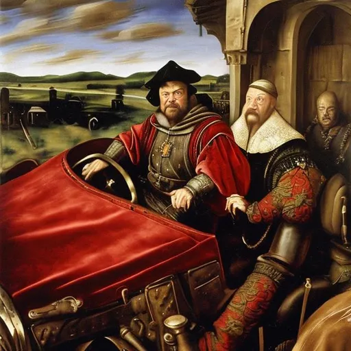 Prompt: Medieval merchant driving a sportscar, dressed in velvet and brocate, oil painting, 16th century, realistic