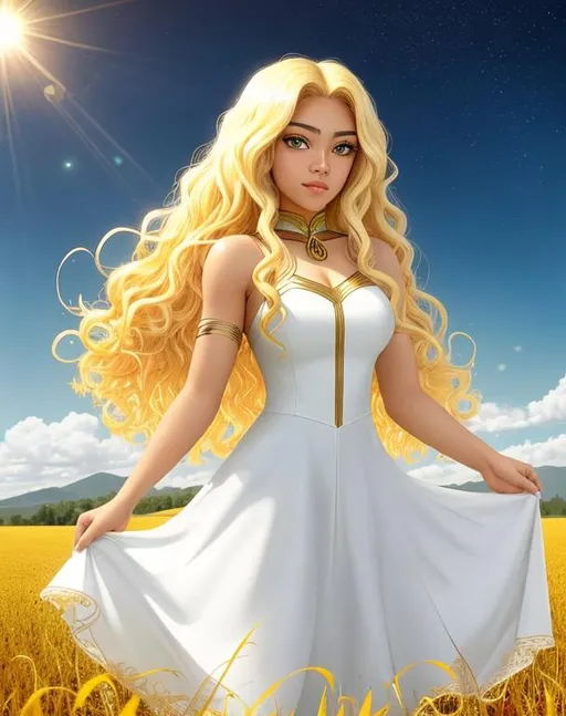 Prompt: A beautiful 15 year old ((Latina)) light elemental with light brown skin and a beautiful face. She has curly yellow hair and yellow eyebrows. She wears a beautiful white dress with gold. She has brightly glowing yellow eyes and white pupils. She wears a gold tiara. She has a yellow aura around her. She is standing in a beautiful open field. Beautiful scene art. Scenic view. Full body art. {{{{high quality art}}}} ((goddess)). Illustration. Concept art. Symmetrical face. Digital. Perfectly drawn. A cool background. Five fingers