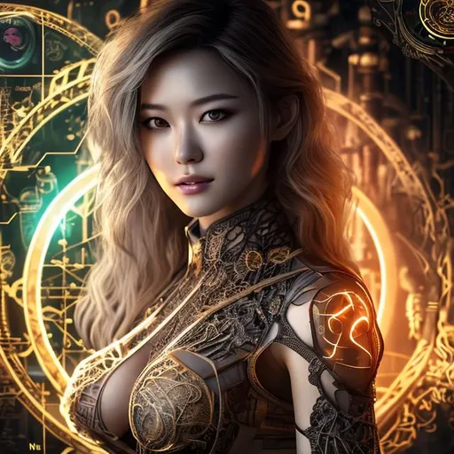 Prompt: CGI, 4K high resolution, modern style, japanese female, smirking, intricate light brown hair with blonde streaks, sheer clothing, cleavage, surrounded by alchemy symbols