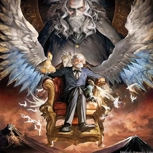 Prompt: Illustrate the epic moment of Mark Twain and Dumbledore feeding a phoenix on Mount Fuji. Ensure that each element in the scene is depicted with vivid colors, clear shapes, and intricate details, including the faces of the characters, the bird, and the breathtaking location. Use realistic light and shadow patterns, sharp textures, and well-composed scenes to create a magnificent and captivating artwork