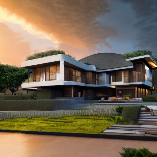 Prompt: modern design of beautiful detailed  2 story family house with a thatched roof and intricate and artistic congolese minerals details in small detailed beautiful modern paved Congolese town sunset behind the house, volumetric natural light wakanda style, cinematic light, ultra realistic, vray, far view, perspective landscape