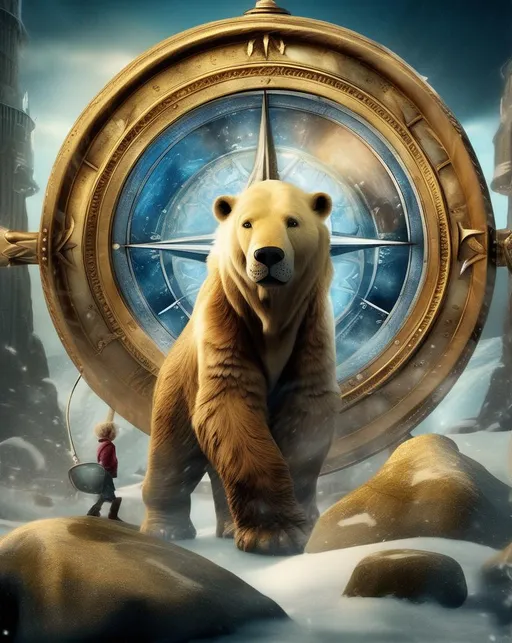 Prompt: An image inspired by The Golden Compass, depicting a fantasy adventure with an enchanted world and a sense of magical journey. Use a wide-angle lens to capture the vastness of the fantastical realm.