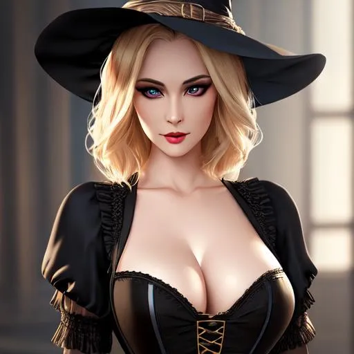 Prompt: realistic detailed half body image of a beautiful female witch, low cut corset top with short skirt, perfect body, beautiful face, feminine features, professional makeup, dark eye makeup, blonde hair, pale skin, highly detailed, digital painting, HD quality, 8k, studio lighting, hyper realistic