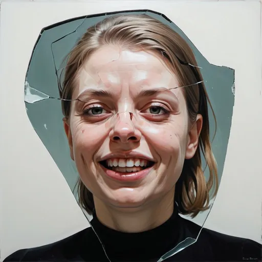 Prompt: scandinavian noir, figurative, human figure, abstract, existentialism, francis bacon, smile, broken glass, female
