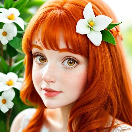 Prompt: Disney princess with ginger hair, white flower in hair, facial closeup

