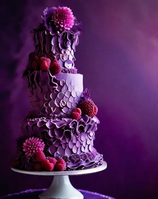 Prompt: A towering, three-tiered cake frosted in rich purple buttercream. The cake is elegantly decorated with fresh raspberries, their jeweled tones contrasting the lavender hue. A cascade of buttercream ruffles borders each circular layer. Lit from the side to accentuate texture. Shot with a macro lens for an intimate, indulgent viewpoint.