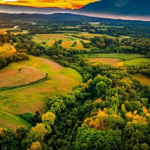 Prompt: a high gloss photo of a beautiful sunset view of lush green trees and rolling hills. The sky is a mix of  orange and yellow hues, with the sun setting behind the horizon, casting a warm, golden glow over the landscape. The river sparkles in the light, reflecting the vibrant colours of the sky and the surrounding nature. 8K.high definition ,  octane render
