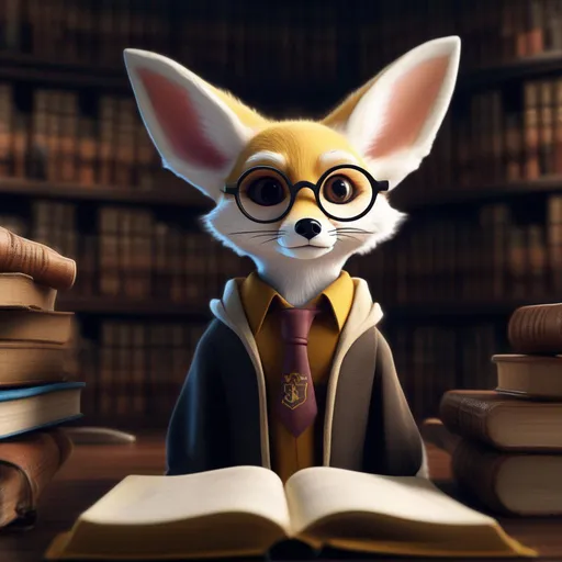 Prompt: cute fennec fox dressed as student from harry potter inside a library with glasses, harry potter style, realistic, hyper-realistic, realism, 32k, photography, hdr, 1080p, cinematic, splash art, concept art, fictional characters, mid shot, intricately detailed, colour depth, dramatic,