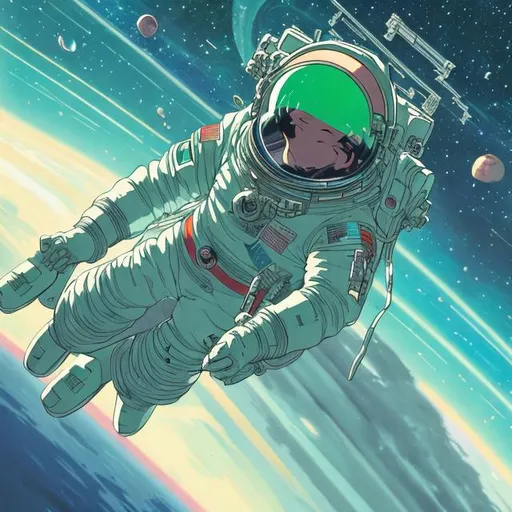 Prompt: A cell animation of a male astronaut floating on the space, Haruhiko Mikimoto Super Dimension Fortress Macross anime style, illustration, green tones, vintage colors, anime, trending on artstation, 