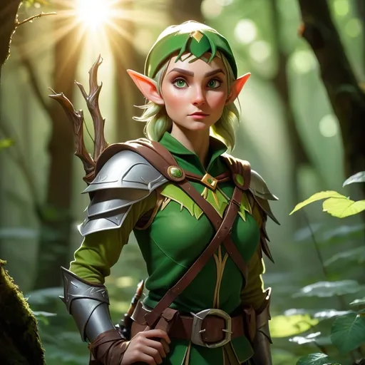 Prompt: Elf ranger in a mystical forest around sunlight