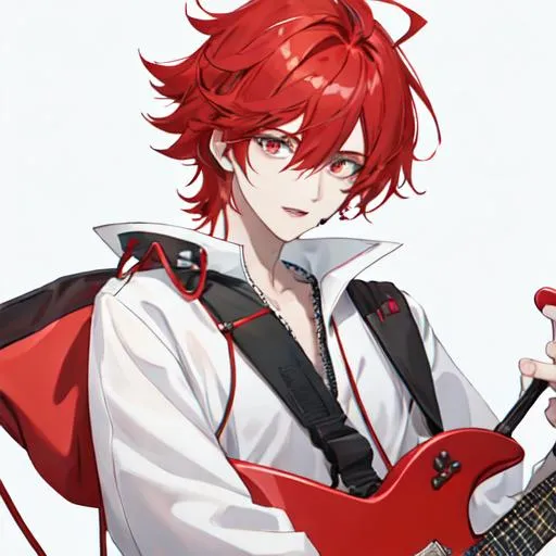 Prompt: Zerif 1male (Red side-swept hair covering his right eye) singing and playing an electric guitar, UHD, 8K, highly detailed
