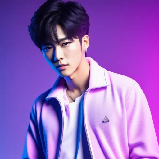 Prompt: kpop idol, modeling, perfect face, handsome kpop idol, wearing casual luxury clothes, realistic, hyper realiatic, full body, far view, highly detailed art, detailed photo, Nikon, photo, professional, studio, white background, purple neon light, 64k, 8k, high resolution, high quality, highest quality