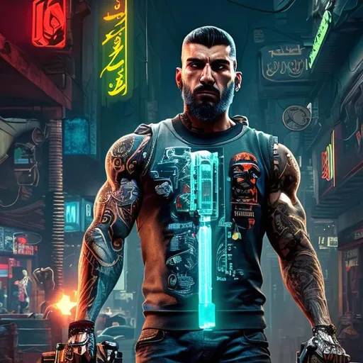 Prompt: a man with a tattoo on his arm holding a drill, Iranian as cartel, movie still of cyborg, portrait of Iranian man cartel style, movie still of a villain cyborg, cyberpunk 2 0 7 7 character art, a portrait arab man, Iranian as cartel, cyborg joe biden, muscular! cyberpunk