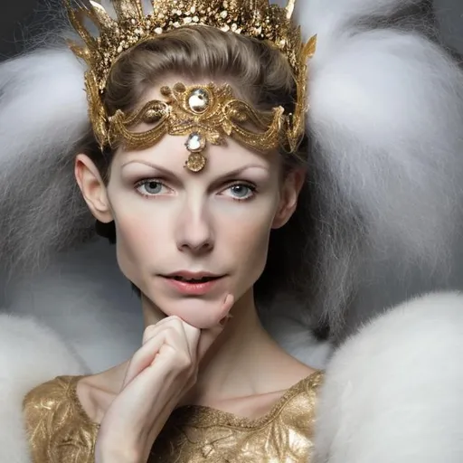 Prompt: massie williams, beautiful, skinny, anorexic, thin face, princess, gold fur crown, white gown, white gloves
