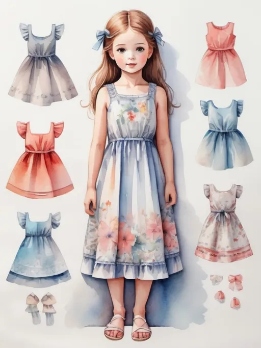 Prompt: young girl, elegant children's dress, summer sundress, a lot of details, high quality, standing straight, arms to the sides, paper doll, watercolor,