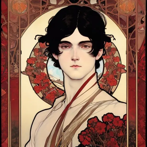 Prompt: a black haired man, with flowers, red, by mucha and murata, art noveau