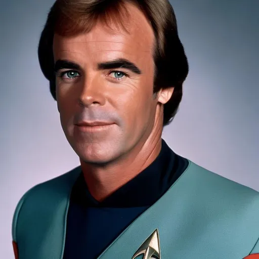 Prompt: A portrait of Shaun Cassidy, wearing a Starfleet uniform, in the style of "Star Trek the Next Generation."